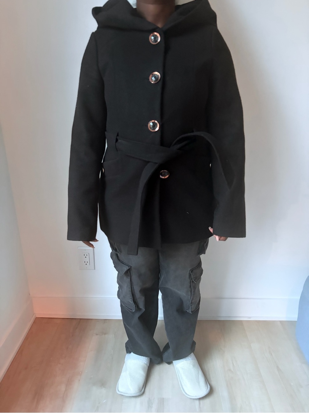 RW&CO Black Belted Coat with Hood/Cowl Collar